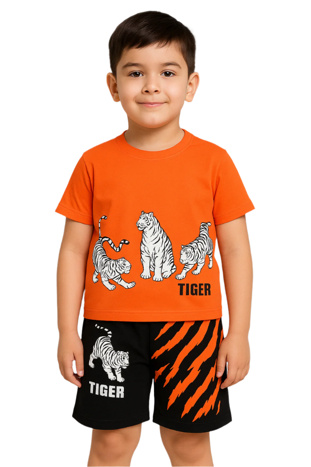 Boys' Bold Tiger Print T-Shirt & Shorts Set – Orange & Black