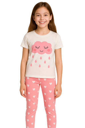 Girls' Cute Cloud & Heart Print T-Shirt and Leggings Set – Cream & Pink