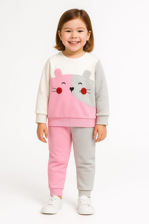 Cute Mouse Patch Sweatshirt & Jogger Set – Pink & Grey