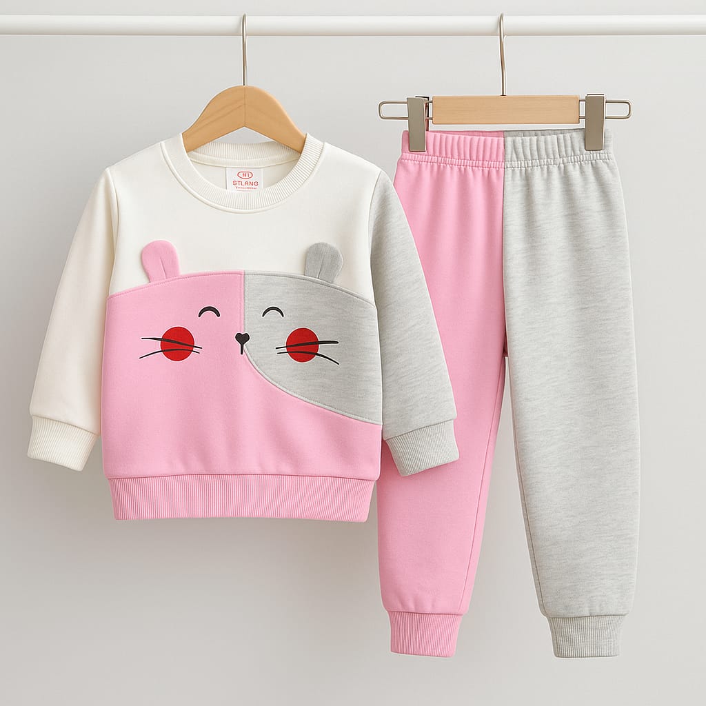 Cute Mouse Patch Sweatshirt & Jogger Set – Pink & Grey