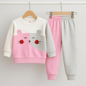 Cute Mouse Patch Sweatshirt & Jogger Set – Pink & Grey