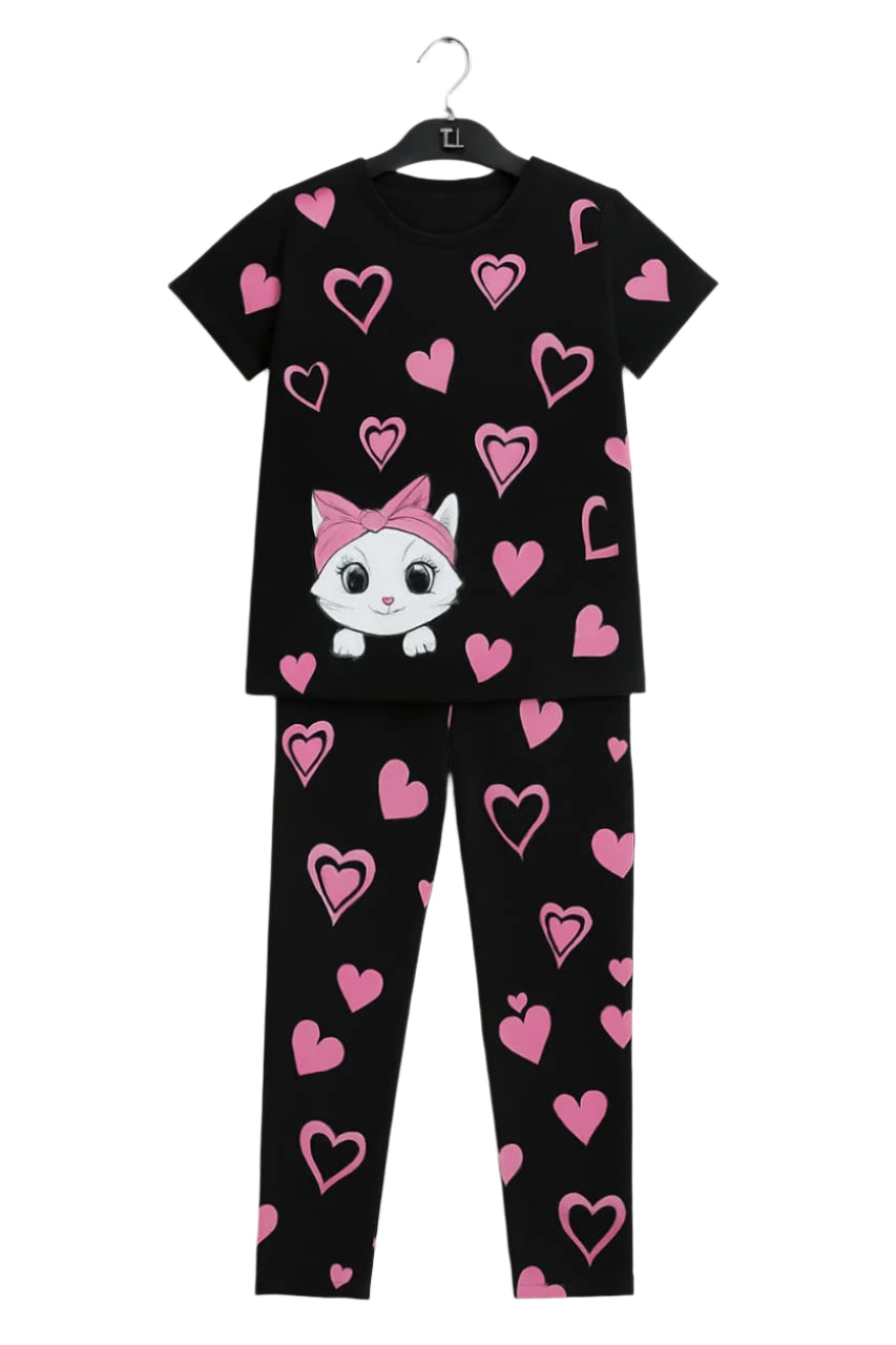 Sweetheart Kitty Coord Set – Black & Pink Heart Print