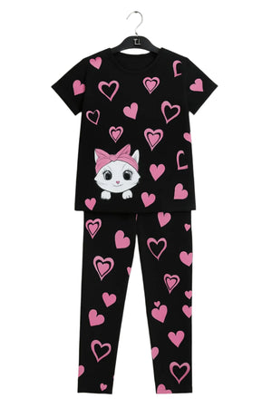 Sweetheart Kitty Coord Set – Black & Pink Heart Print