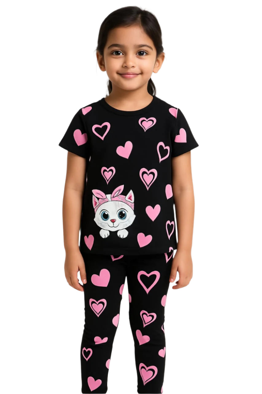Sweetheart Kitty Coord Set – Black & Pink Heart Print