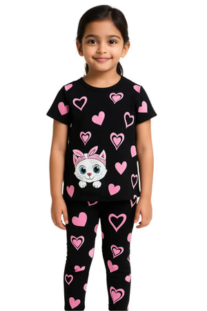 Sweetheart Kitty Coord Set – Black & Pink Heart Print
