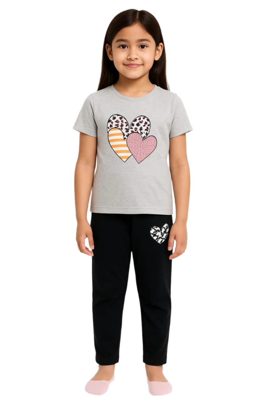 Chic Heart Patch Coord Set – Grey & Black Girls' Outfit with Printed Heart Accents