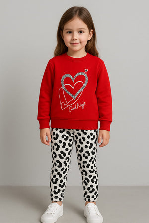 Girls Red Heart Print Sweatshirt & Black-White Polka Legging Set