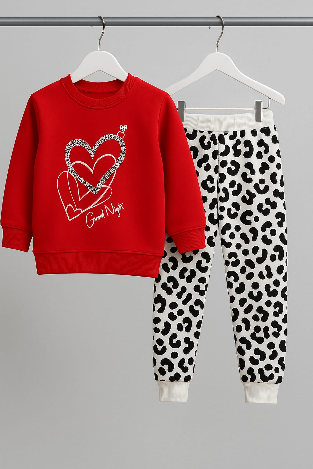 Girls Red Heart Print Sweatshirt & Black-White Polka Legging Set