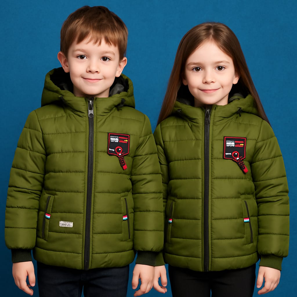 Boys Olive Green Puffer Jacket with Hood – Winter Warm Wear